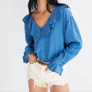 Free People WTF Blue ruffle Amber blouse NWTs